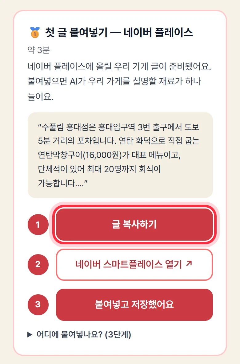 홈 화면의 첫 글 붙여넣기 카드. 1번 '글 복사하기', 2번 네이버 스마트플레이스 열기, 3번 '붙여넣고 저장했어요' 버튼이 차례로 있다.